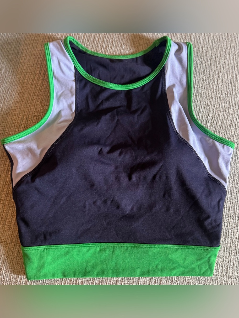 Navy blue, light blue and green cropped fitness bra by MPG
